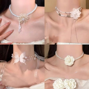 Collier Fleur Künstliche Perle Imitation Rétro Français Alliage Tissu Camélia Rose Papillon Choker Élégant Réglable Pour Femmes