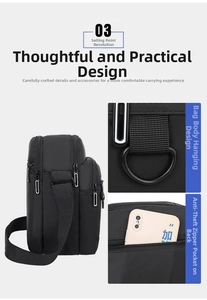 Detail view of the black crossbody bag featuring anti-theft zipper and durable oxford fabric