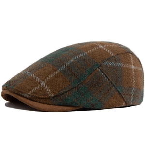 Vintage brown and green plaid wool flat cap for men and women with retro checkered pattern
