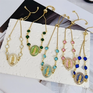 18K gold plated virgin Mary adjustable bracelets set with colorful cubic zirconia