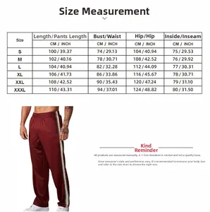 Detailed size chart for men's casual sports pants showing length, waist, and hip in cm/inch