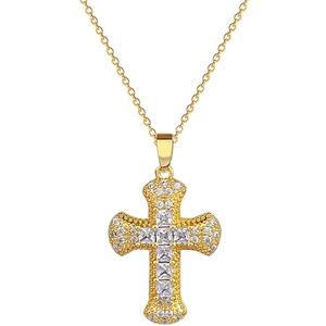 Elegant gold titanium cross pendant necklace with zircon crystals on a fine link chain
