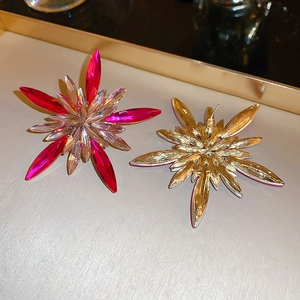 Detailed view of star-shaped earrings with magenta crystals and golden metal backing