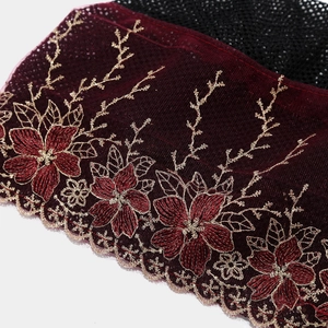 Macro detail of wine red lace mesh with exquisite gold embroidery and floral patterns