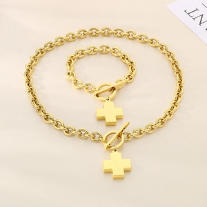 Golden stainless steel toggle clasp necklace and bracelet set with round cross pendant