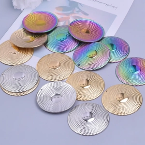 Textured round 18k gold plated stainless steel pendants in gold, silver, and rainbow colors