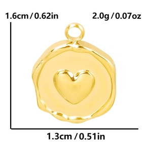 Detailed view of golden heart pendant with 1.6cm by 1.3cm size and 2.0g weight specs