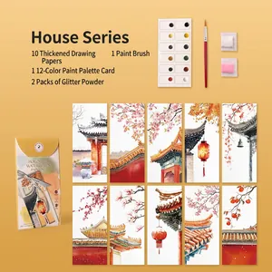 DIY watercolor bookmark set featuring Chinese architecture cards, 12 colors and brush