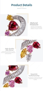 Macro detail of luxury red ruby pendant with multi-colored gemstones and baguette diamonds