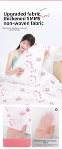 Detail view of SMMS non-woven fabric travel bedding with pink cartoon dinosaur pattern