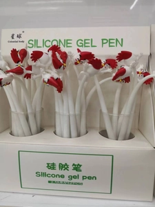 Retail box containing 48 cartoon silicone gel pens with chicken character toppers
