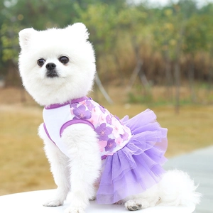 Detail of pet dress featuring purple cherry blossom patterns and layered mesh tutu skirt