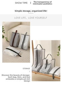 Macro shot of transparent houndstooth mesh storage bag with zipper and handle for shoes