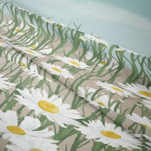 Detailed texture view of a soft decorative tapestry with large white daisy flower patterns