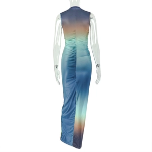 Detail of gradient blue-green bodycon dress with back ruching on invisible mannequin