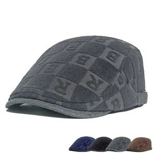 Winter fleece beret hat for men with letter jacquard pattern and British style flat cap