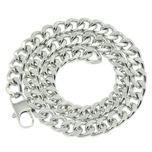 Detailed view of silver oval Cuban link necklace with lobster clasp on white background