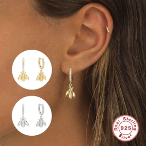 S925 sterling silver bee hoop earrings with sparkling zircon stones in gold and silver