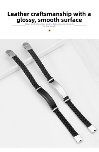 Detail of woven leather bracelets with magnetic clasps on marble background