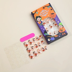 Halloween short press-on nails set with pumpkin ghost patterns and tool kit