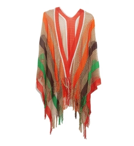 Detail of colorful striped knit shawl with V-neckline and decorative hem tassels