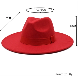 Red wool fedora with 9cm wide brim showing dimensions: 56-58cm circumference and 12cm height
