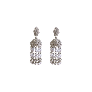 Silver Jhumka earrings with sparkling crystals and white pearl fringe tassels