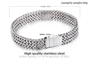 Detail showing 22cm silver dragon bone stainless steel bracelet with 12mm width specs