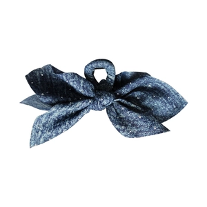 Denim bow hair claw clip with silver polka dots for women's elegant hair styling