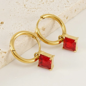 18K gold plated stainless steel hoop earrings with square red zircon pendant charm