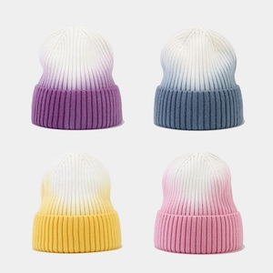 Winter Knit Beanie Hat Acrylic Ribbed Cuffed Warm Gradient Tie Dye Outdoor Casual For Women