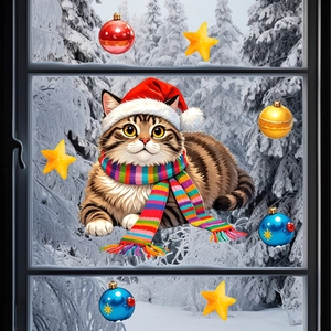 Detail of Christmas window sticker featuring cartoon cat with festive hats and golden baubles
