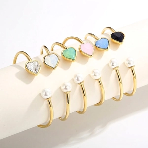 Heart Stone Open Bangle Shell Artificial Pearl Stainless Steel Adjustable Fashion Bracelet For Women Minimalist Elegant Accessory