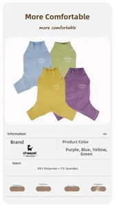 Close-up of four-color dog bodysuits showing flexible fabric and Infinite Love embroidery