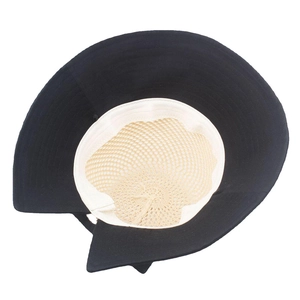 Detail of breathable off-white mesh lining inside a black wide-brim sun hat