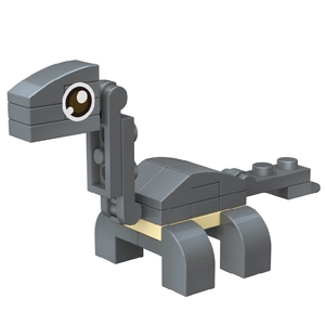 Close-up of grey and beige long-neck dinosaur building blocks with cartoon eyes