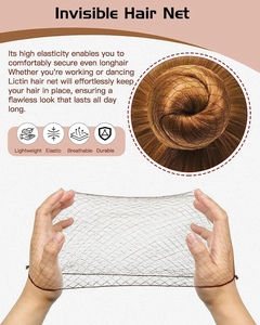 Detail of highly elastic invisible hair net in dark brown for secure hair styling