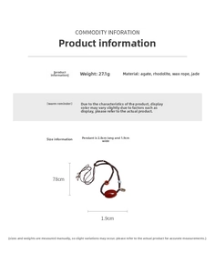 Detail specifications of agate and jade pendant with woven rope showing 27.1g weight and size