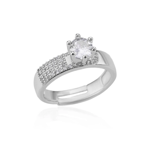 Detailed macro view of adjustable silver flower ring with central stone and pavé accents