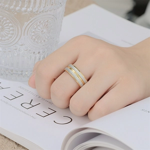 Minimalist brushed two-tone titanium steel ring with gold edges shown on hand