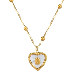 Gold titanium steel heart necklace with white shell inlay and V letter charm for women