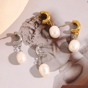 Elegant 18K gold and silver plated C-shaped hoop earrings with white pearl pendants