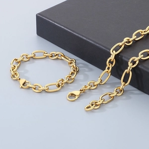Fashion 1:3 figaro chain necklace and bracelet set in gold finish stainless steel
