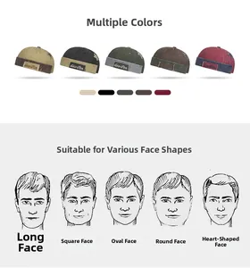 Detail view of vintage docker hats with devifon patch and face shape guide