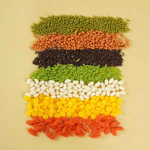 Detailed overhead view of realistic PVC grains including beans, corn, and wolfberries