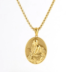 Collier Pendentif Médaille Ovale Acier Inoxydable Plaqué Or 18K Relief Portrait Religieux Style Vintage Pour Hommes Femmes