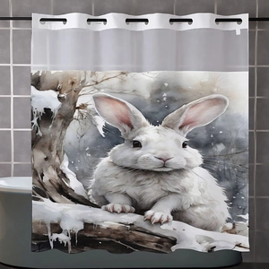 Detail of waterproof waffle fabric shower curtain with winter rabbit watercolor art print