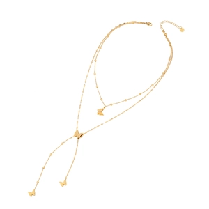 Double-layered gold stainless steel necklace featuring delicate butterfly charms and lobster clasp