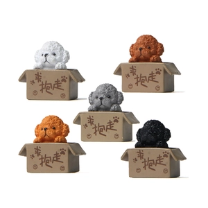 Miniature Poodle Teddy Dog Figurine Resin PVC Sitting In Box Cartoon Puppy Desktop Ornament Home Garden Landscape Decor