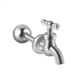 Industrial style stainless steel wall-mounted faucet with cross handle and brushed finish